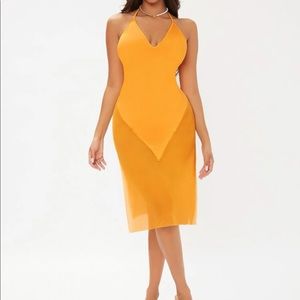 Yellow halter neck tied backless split thigh dress